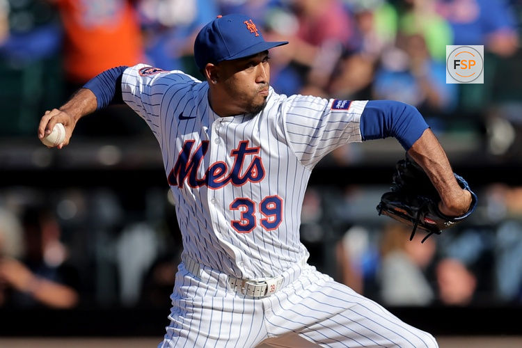 Sep 18, 2025; New York City, New York, USA; New York Mets relief pitcher Edwin Diaz (39) pitches against the San Diego Padres during the ninth inning at Citi Field. Credit: Brad Penner-Imagn Images