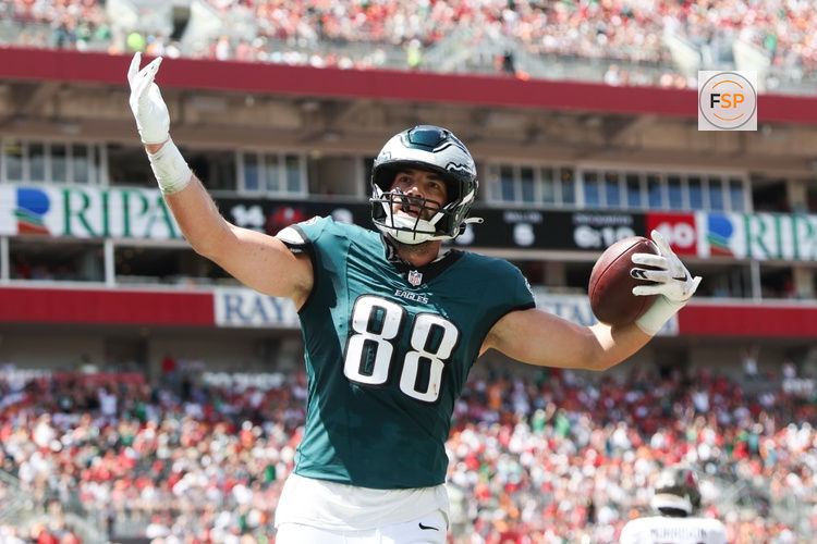 Sep 28, 2025; Tampa, Florida, USA; Philadelphia Eagles tight end Dallas Goedert (88) celebrates a touchdown in the second quarter against the Tampa Bay Buccaneers at Raymond James Stadium. Credit: Nathan Ray Seebeck-Imagn Images