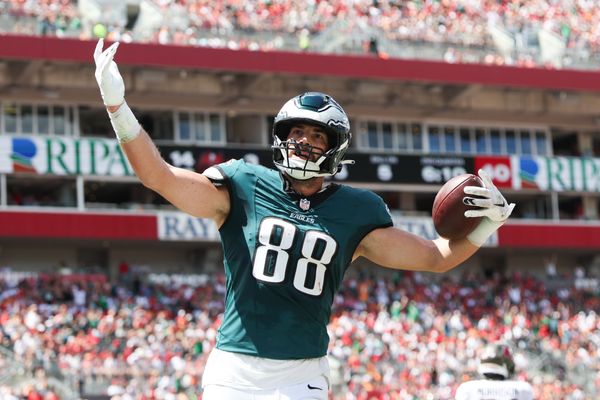 Sep 28, 2025; Tampa, Florida, USA; Philadelphia Eagles tight end Dallas Goedert (88) celebrates a touchdown in the second quarter against the Tampa Bay Buccaneers at Raymond James Stadium. Mandatory Credit: Nathan Ray Seebeck-Imagn Images