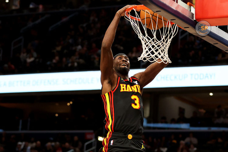 Feb 8, 2025; Washington, District of Columbia, USA; Atlanta Hawks guard Caris LeVert (3) dunks during the first half against the Washington Wizards at Capital One Arena. Credit: Daniel Kucin Jr.-Imagn Images