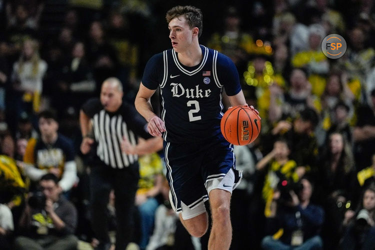 Jan 25, 2025; Winston-Salem, North Carolina, USA; Duke Blue Devils guard Cooper Flagg (2) handles the ball against the Wake Forest Demon Deacons during the second half at Lawrence Joel Veterans Memorial Coliseum. Credit: Jim Dedmon-Imagn Images