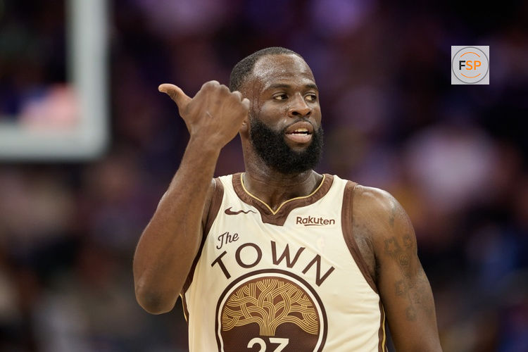 Apr 10, 2026; Sacramento, California, USA; Golden State Warriors forward Draymond Green (23) gestures toward the Sacramento Kings bench during the third quarter at Golden 1 Center. Credit: Robert Edwards-Imagn Images