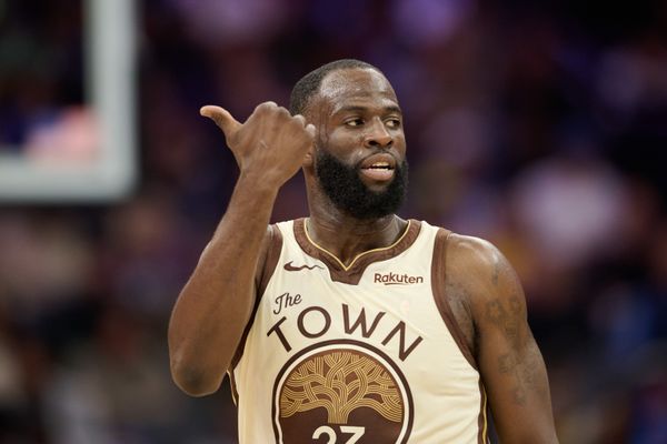 Apr 10, 2026; Sacramento, California, USA; Golden State Warriors forward Draymond Green (23) gestures toward the Sacramento Kings bench during the third quarter at Golden 1 Center. Mandatory Credit: Robert Edwards-Imagn Images