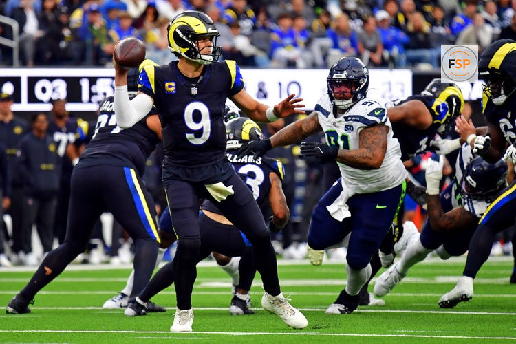 Nov 16, 2025; Inglewood, California, USA; Los Angeles Rams quarterback Matthew Stafford (9) throws a during the second half against the Seattle Seahawks at SoFi Stadium. Credit: Gary A. Vasquez-Imagn Images