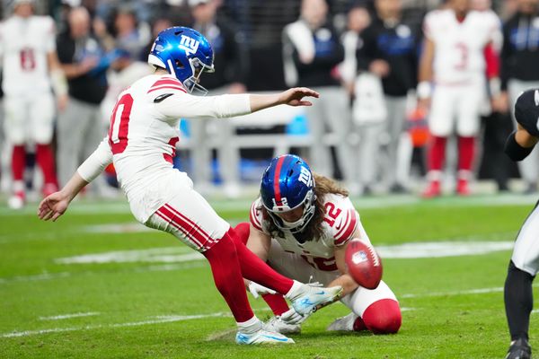 Dec 28, 2025; Paradise, Nevada, USA; New York Giants kicker Ben Sauls (30) kicks a field goal in the third quarter against the Las Vegas Raiders at Allegiant Stadium. Mandatory Credit: Stephen R. Sylvanie-Imagn Images