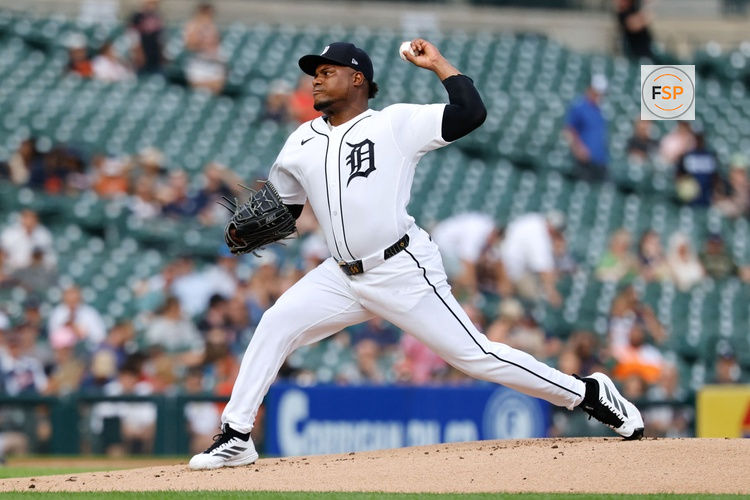 Jul 9, 2026; Detroit, Michigan, USA;  Detroit Tigers pitcher Framber Valdez (59) pitches in the first inning against the Athletics at Comerica Park. Credit: Rick Osentoski-Imagn Images