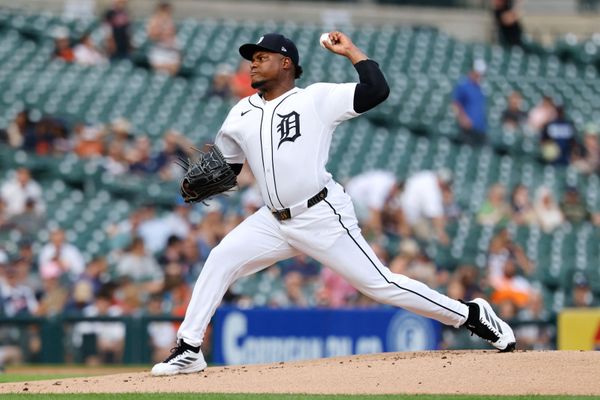 Jul 9, 2026; Detroit, Michigan, USA;  Detroit Tigers pitcher Framber Valdez (59) pitches in the first inning against the Athletics at Comerica Park. Mandatory Credit: Rick Osentoski-Imagn Images
