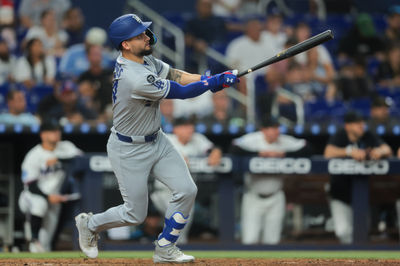 May 5, 2025; Miami, Florida, USA; Los Angeles Dodgers center fielder Andy Pages (44) hits a triple against the Miami Marlins during the eighth inning at loanDepot Park. Mandatory Credit: Sam Navarro-Imagn Images