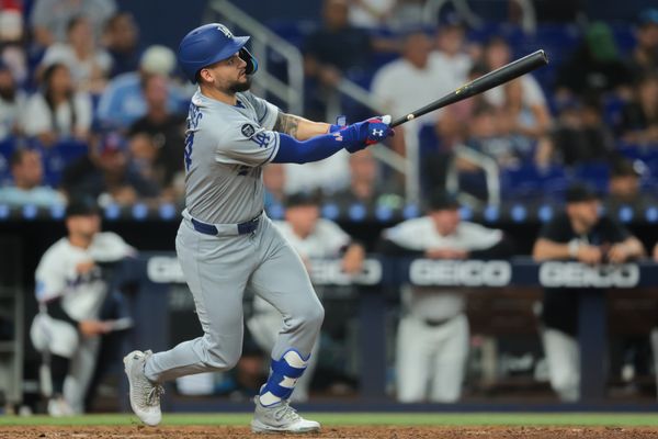 May 5, 2025; Miami, Florida, USA; Los Angeles Dodgers center fielder Andy Pages (44) hits a triple against the Miami Marlins during the eighth inning at loanDepot Park. Mandatory Credit: Sam Navarro-Imagn Images