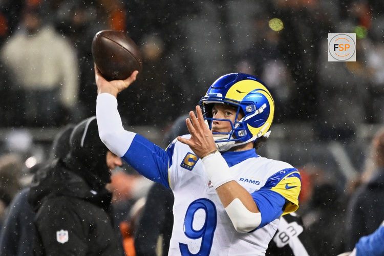 Jan 18, 2026; Chicago, IL, USA; Los Angeles Rams quarterback Matthew Stafford (9) throws a pass during warmups before an NFC Divisional Round game against the Chicago Bears at Soldier Field. Credit: Matt Marton-Imagn Images