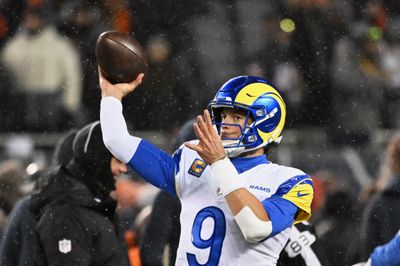 Jan 18, 2026; Chicago, IL, USA; Los Angeles Rams quarterback Matthew Stafford (9) throws a pass during warmups before an NFC Divisional Round game against the Chicago Bears at Soldier Field. Mandatory Credit: Matt Marton-Imagn Images
