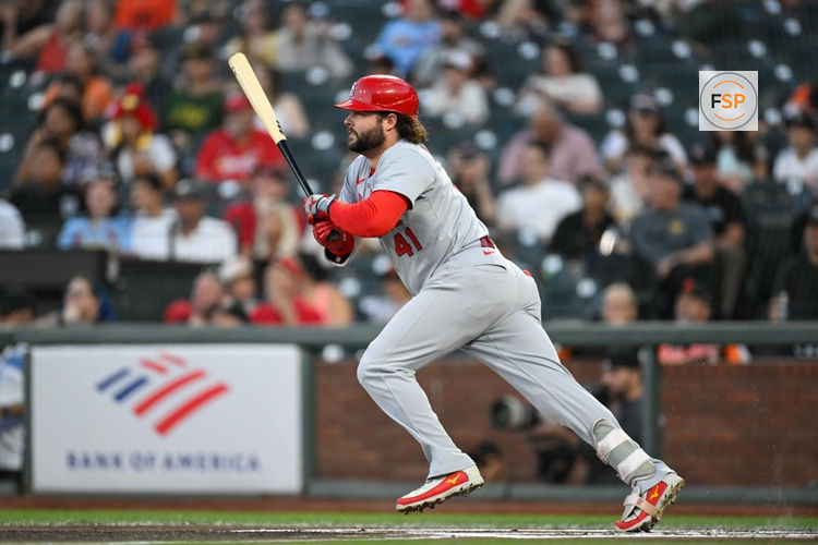 Sep 23, 2025; San Francisco, California, USA; St. Louis Cardinals first baseman Alec Burleson (41) runs to first after hitting an RBI single against the San Francisco Giants during the first inning at Oracle Park. Credit: Eakin Howard-Imagn Images