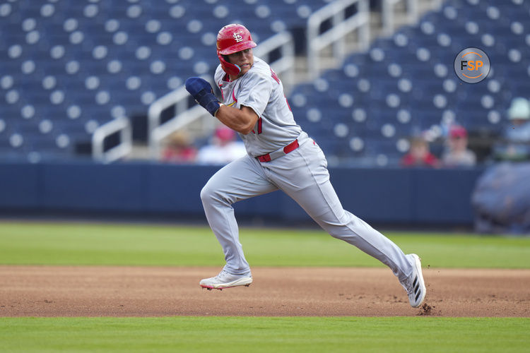 Mar 5, 2025; West Palm Beach, Florida, USA; St. Louis Cardinals left feilder JJ Wetherholt (87) runs to second base against the Houston Astros during the second inning at CACTI Park of the Palm Beaches. Credit: Rich Storry-Imagn Images