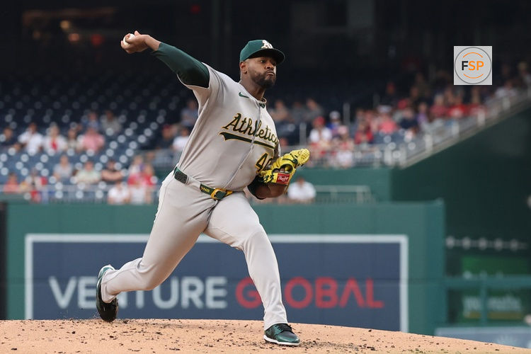 Aug 5, 2025; Washington, District of Columbia, USA; Athletics starting pitcher Luis Severino (40) pitches against the Washington Nationals during the first inning at Nationals Park. Credit: Geoff Burke-Imagn Images