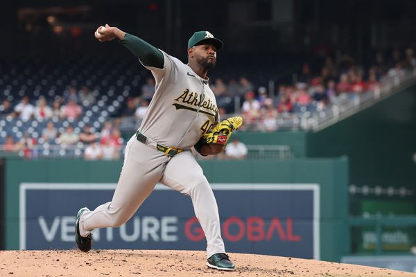 Aug 5, 2025; Washington, District of Columbia, USA; Athletics starting pitcher Luis Severino (40) pitches against the Washington Nationals during the first inning at Nationals Park. Mandatory Credit: Geoff Burke-Imagn Images