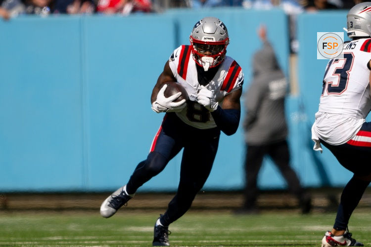 Oct 19, 2025; Nashville, Tennessee, USA;  New England Patriots wide receiver Stefon Diggs (8) runs with the ball after a made catch against the Tennessee Titans during the second half at Nissan Stadium. Credit: Steve Roberts-Imagn Images