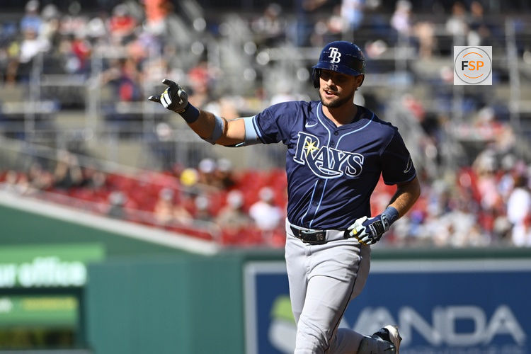 Aug 30, 2025; Washington, District of Columbia, USA; Tampa Bay Rays right fielder Josh Lowe (15) reacts after hitting a three run home run against the Washington Nationals during the first inning at Nationals Park. Credit: Brad Mills-Imagn Images