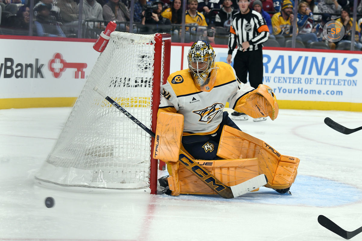 Nov 11, 2024; Denver, Colorado, USA; Nashville Predators goaltender Juuse Saros (74) watches the puck after a save during the second period against the Colorado Avalanche at Ball Arena. Credit: Christopher Hanewinckel-Imagn Images