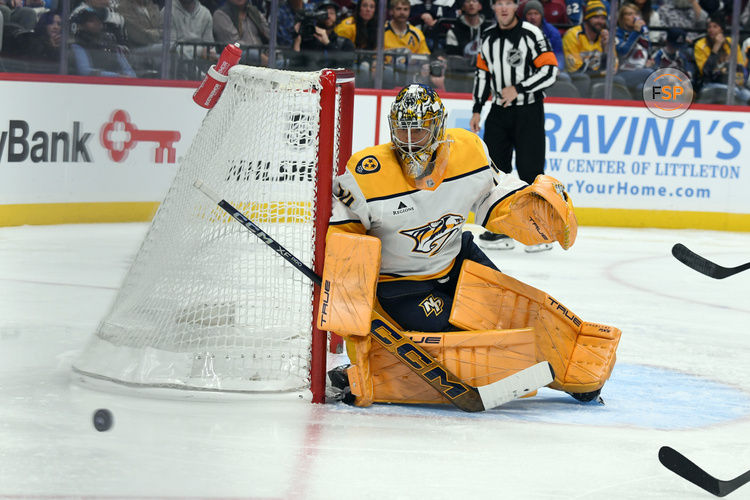 Nov 11, 2024; Denver, Colorado, USA; Nashville Predators goaltender Juuse Saros (74) watches the puck after a save during the second period against the Colorado Avalanche at Ball Arena. Credit: Christopher Hanewinckel-Imagn Images