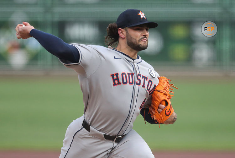 Jun 3, 2025; Pittsburgh, Pennsylvania, USA;  Houston Astros starting pitcher Lance McCullers Jr. (43) delivers a pitch against the Pittsburgh Pirates during the first inning at PNC Park. Credit: Charles LeClaire-Imagn Images