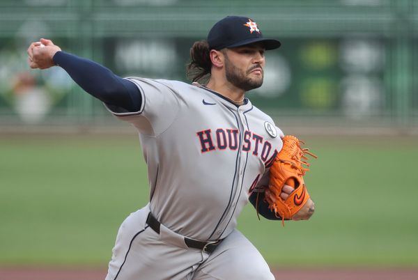 Jun 3, 2025; Pittsburgh, Pennsylvania, USA;  Houston Astros starting pitcher Lance McCullers Jr. (43) delivers a pitch against the Pittsburgh Pirates during the first inning at PNC Park. Mandatory Credit: Charles LeClaire-Imagn Images
