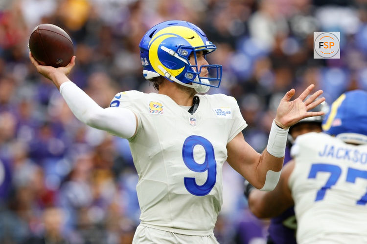 Oct 12, 2025; Baltimore, Maryland, USA; Los Angeles Rams quarterback Matthew Stafford (9) passes the ball against the Baltimore Ravens during the second half of the game at M&T Bank Stadium. Credit: Peter Casey-Imagn Images