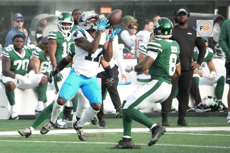 Oct 19, 2025; East Rutherford, New Jersey, USA; Carolina Panthers wide receiver Xavier Legette (17) makes a catch in the fourth quarter against the New York Jets at MetLife Stadium. Credit: Robert Deutsch-Imagn Images