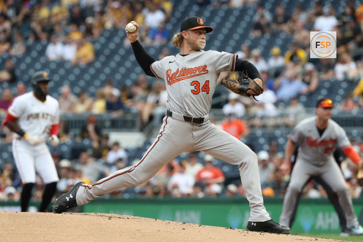 Apr 4, 2026; Pittsburgh, Pennsylvania, USA;  Baltimore Orioles starting pitcher Shane Baz (34) delivers a pitch against the Pittsburgh Pirates during the first inning at PNC Park. Credit: Charles LeClaire-Imagn Images