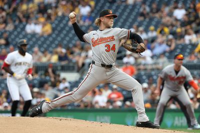 Apr 4, 2026; Pittsburgh, Pennsylvania, USA;  Baltimore Orioles starting pitcher Shane Baz (34) delivers a pitch against the Pittsburgh Pirates during the first inning at PNC Park. Mandatory Credit: Charles LeClaire-Imagn Images