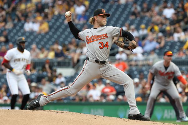 Apr 4, 2026; Pittsburgh, Pennsylvania, USA;  Baltimore Orioles starting pitcher Shane Baz (34) delivers a pitch against the Pittsburgh Pirates during the first inning at PNC Park. Mandatory Credit: Charles LeClaire-Imagn Images