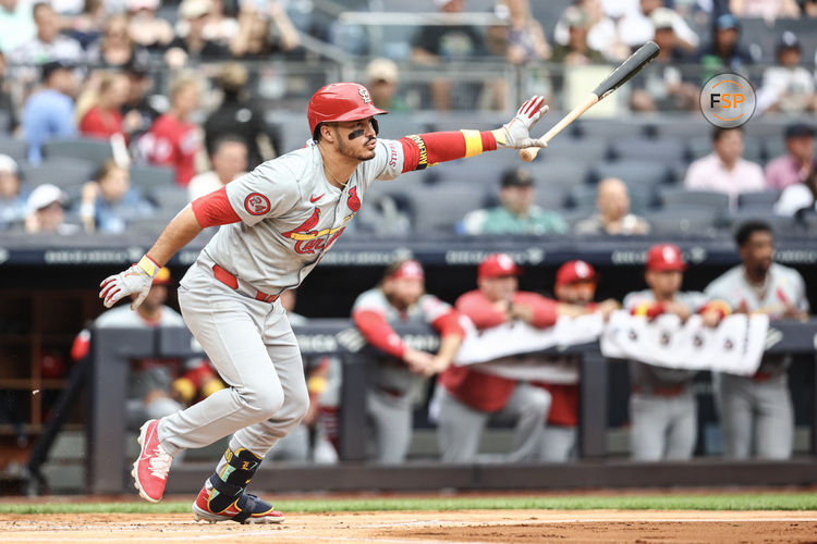 Sep 1, 2024; Bronx, New York, USA;  St. Louis Cardinals third baseman Nolan Arenado (28) hits a single in the first inning against the New York Yankees at Yankee Stadium. Credit: Wendell Cruz-USA TODAY Sports