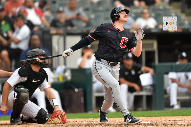 Jul 12, 2025; Chicago, Illinois, USA; Cleveland Guardians designated hitter Kyle Manzardo (9) hits a home run during the sixth inning against the Chicago White Sox at Rate Field. Credit: Patrick Gorski-Imagn Images