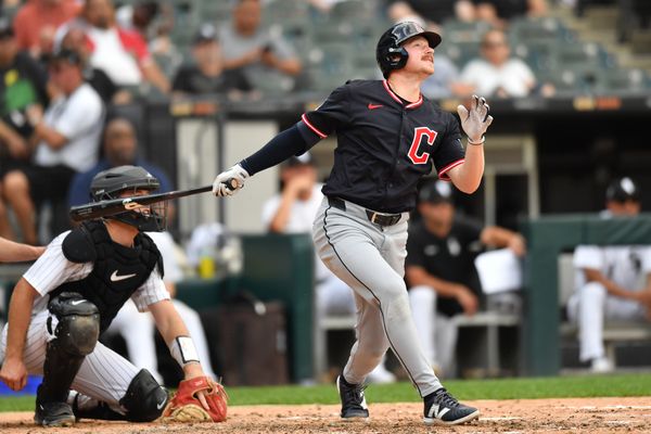 Jul 12, 2025; Chicago, Illinois, USA; Cleveland Guardians designated hitter Kyle Manzardo (9) hits a home run during the sixth inning against the Chicago White Sox at Rate Field. Mandatory Credit: Patrick Gorski-Imagn Images