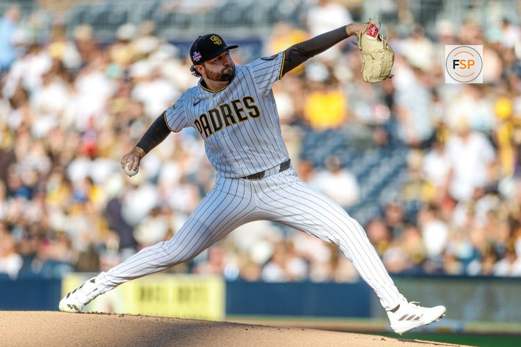 Aug 22, 2026; San Diego, California, USA;  San Diego Padres starting pitcher Casey Mize (32) throws a pitch during the first inning against the Minnesota Twins at Petco Park.  Credit: David Frerker-Imagn Images