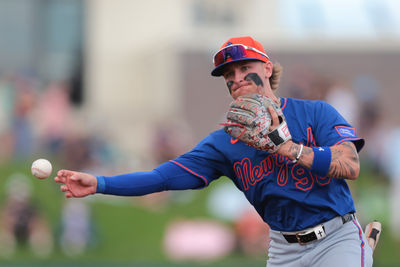 Feb 23, 2025; West Palm Beach, Florida, USA; New York Mets second baseman Jett Williams (90) throws to first base and retires Washington Nationals second baseman Luis Garcia Jr. (not pictured) during the third inning at CACTI Park of the Palm Beaches. Mandatory Credit: Sam Navarro-Imagn Images