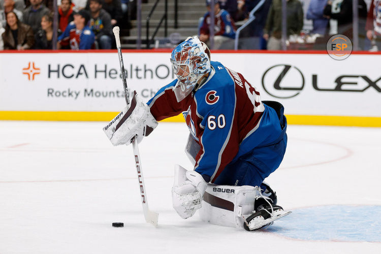 Oct 27, 2024; Denver, Colorado, USA; Colorado Avalanche goaltender Justus Annunen (60) in the first period against the Ottawa Senators at Ball Arena. Credit: Isaiah J. Downing-Imagn Images