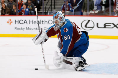 Oct 27, 2024; Denver, Colorado, USA; Colorado Avalanche goaltender Justus Annunen (60) in the first period against the Ottawa Senators at Ball Arena. Mandatory Credit: Isaiah J. Downing-Imagn Images