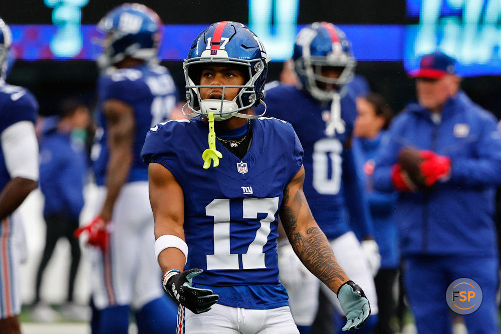 EAST RUTHERFORD, NJ - OCTOBER 29:  Wan'Dale Robinson (17) of the New York Giants prior to the game against the New York Jets on October 29, 2023 at MetLife Stadium in East Rutherford, New Jersey.  (Photo by Rich Graessle/Icon Sportswire)