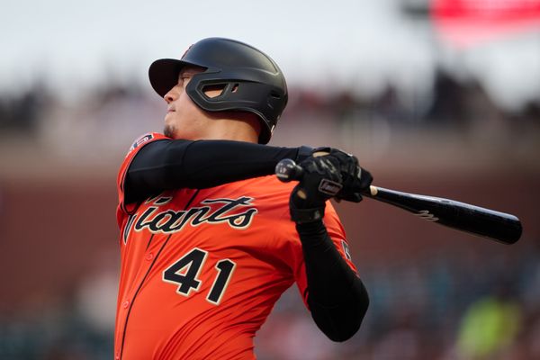 Jun 6, 2025; San Francisco, California, USA; San Francisco Giants first baseman Wilmer Flores (41) bats against the Atlanta Braves during the second inning at Oracle Park. Mandatory Credit: Robert Edwards-Imagn Images