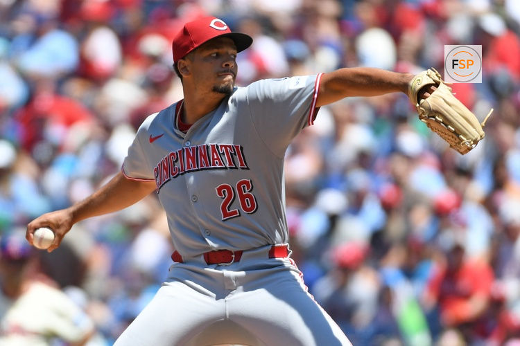 Jul 6, 2025; Philadelphia, Pennsylvania, USA; Cincinnati Reds pitcher Chase Burns (26) throws a pitch during the first inning against the Philadelphia Phillies at Citizens Bank Park. Credit: Eric Hartline-Imagn Images