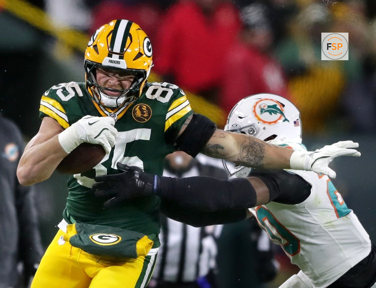 Nov 28, 2024; Green Bay, Wisconsin, USA; Green Bay Packers tight end Tucker Kraft (85) makes a catch against the defense of Miami Dolphins linebacker Jordyn Brooks (20) in the first half football game at Lambeau Field.  Credit: Wm. Glasheen-Imagn Images