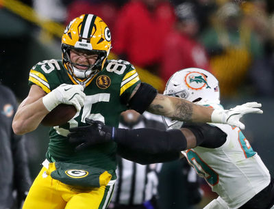 Nov 28, 2024; Green Bay, Wisconsin, USA; Green Bay Packers tight end Tucker Kraft (85) makes a catch against the defense of Miami Dolphins linebacker Jordyn Brooks (20) in the first half football game at Lambeau Field.  Mandatory Credit: Wm. Glasheen-Imagn Images