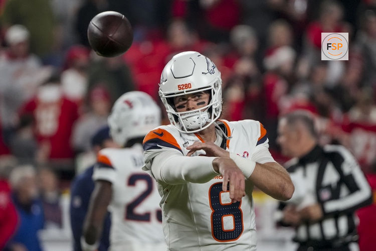 Dec 25, 2025; Kansas City, Missouri, USA; Denver Broncos quarterback Jarrett Stidham (8) warms up before the game at GEHA Field at Arrowhead Stadium. Credit: Denny Medley-Imagn Images
