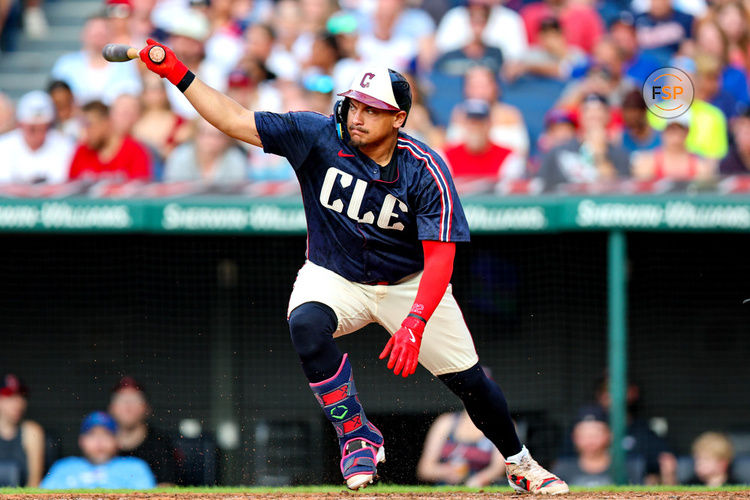 CLEVELAND, OH - JUNE 21: Cleveland Guardians first baseman Josh Naylor (22) hits an infield single to drive in 2 runs during the second inning of the Major League Baseball game between the Toronto Blue Jays and Cleveland Guardians on June 21, 2024, at Progressive Field in Cleveland, OH. (Photo by Frank Jansky/Icon Sportswire)