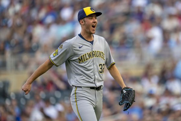 Jun 20, 2025; Minneapolis, Minnesota, USA; Milwaukee Brewers starting pitcher Jacob Misiorowski (32) reacts after striking out a batter against the Milwaukee Brewers in the first inning at Target Field. Mandatory Credit: Jesse Johnson-Imagn Images