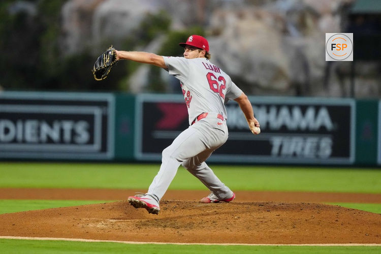 Jul 20, 2026; Anaheim, California, USA; St. Louis Cardinals pitcher Kyle Leahy (62) throws against the Los Angeles Angels at Angel Stadium. Credit: Kirby Lee-Imagn Images