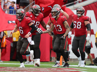 Dec 29, 2024; Tampa, Florida, USA; Tampa Bay Buccaneers wide receiver Mike Evans (13) celebrates after he scores a touchdown  against the Carolina Panthers during the second quarter at Raymond James Stadium. Mandatory Credit: Kim Klement Neitzel-Imagn Images