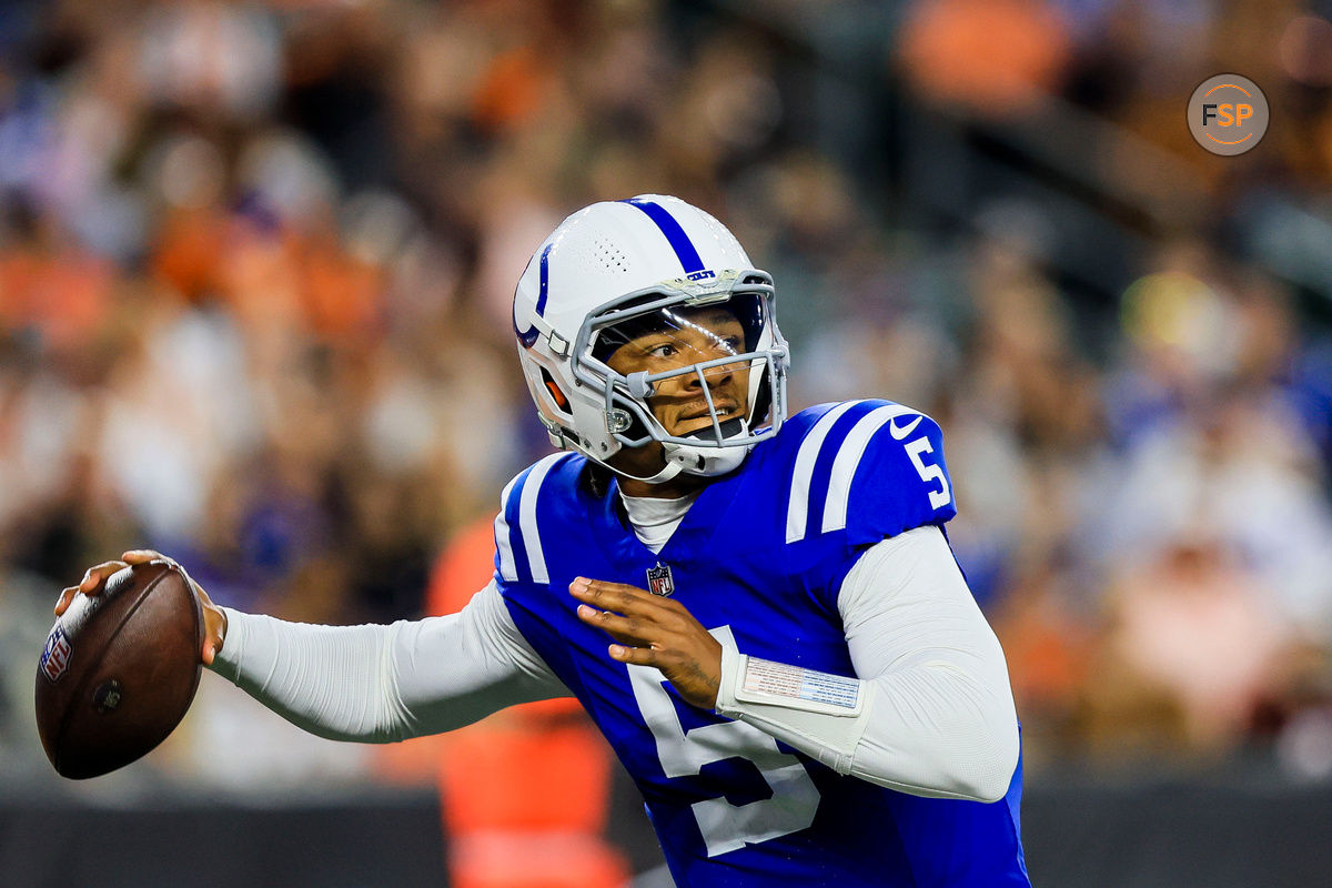 Aug 22, 2024; Cincinnati, Ohio, USA; Indianapolis Colts quarterback Anthony Richardson (5) throws a pass against the Cincinnati Bengals in the first half at Paycor Stadium. Credit: Katie Stratman-USA TODAY Sports