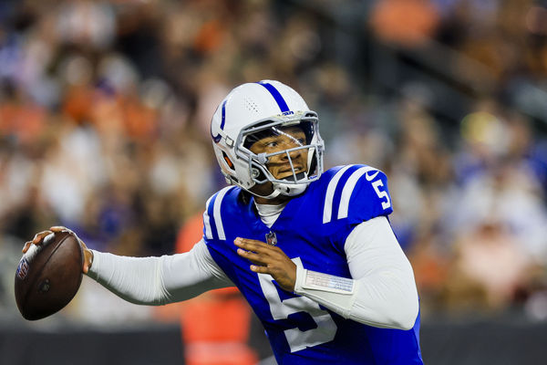 Aug 22, 2024; Cincinnati, Ohio, USA; Indianapolis Colts quarterback Anthony Richardson (5) throws a pass against the Cincinnati Bengals in the first half at Paycor Stadium. Mandatory Credit: Katie Stratman-USA TODAY Sports