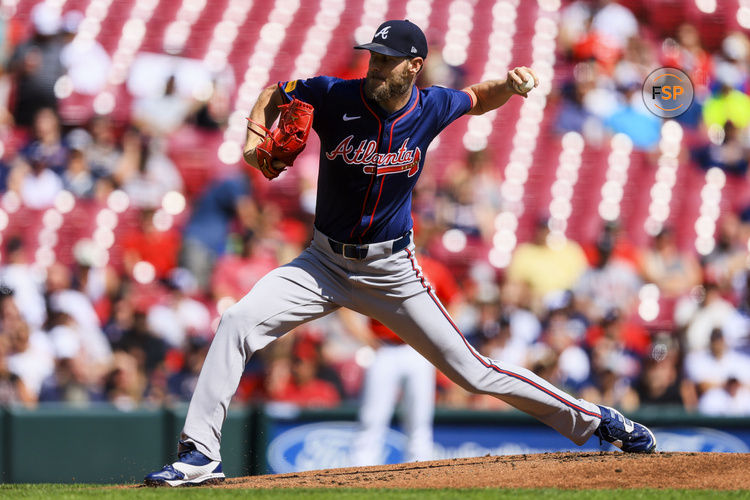 Sep 19, 2024; Cincinnati, Ohio, USA; Atlanta Braves starting pitcher Chris Sale (51) pitches against the Cincinnati Reds in the first inning at Great American Ball Park. Credit: Katie Stratman-Imagn Images